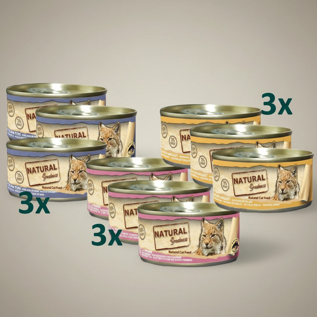 Lupiora Natural Greatness Samtpfoten Toppings Probierpaket mit 9 Dosen Katzenfutter in verschiedenen Sorten