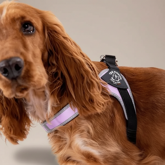 Lupiora TRE PONTI Easy Fit Hundegeschirr in Rosa mit reflektierendem Rand an einem Cocker Spaniel