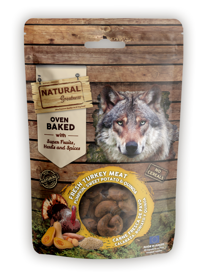 NATURAL GREATNESS Leckerlie, im Ofen gebacken, zur Verdauungsunterstützung, 100g (Truthahn, Kürbis, Süsskartoffel, Quinoa)