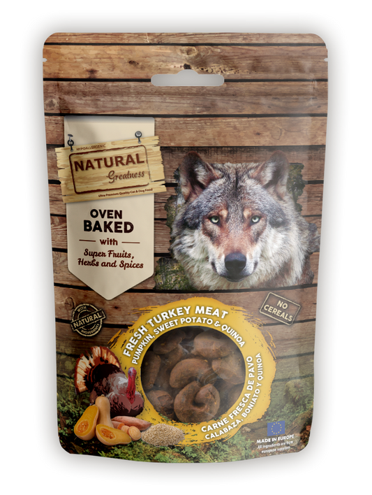 NATURAL GREATNESS Leckerlie, im Ofen gebacken, zur Verdauungsunterstützung, 100g (Truthahn, Kürbis, Süsskartoffel, Quinoa)