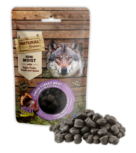 NATURAL GREATNESS Saftiger Snack (Bites), zur Gewichtsunterstützung, 150 g (Truthahn, L-Carnitin und Vitamin C)