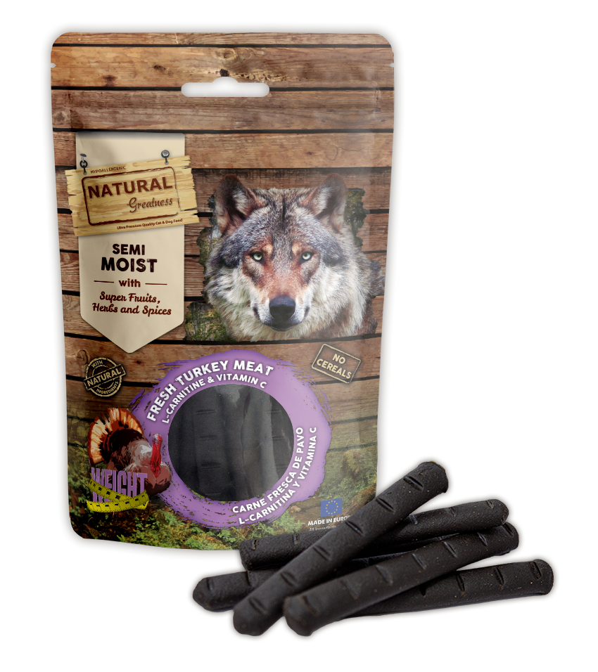 NATURAL GREATNESS Saftige Sticks, zur Gewichtsunterstützung, 150 g (Truthahn, L-Carnitin und Vitamin C)
