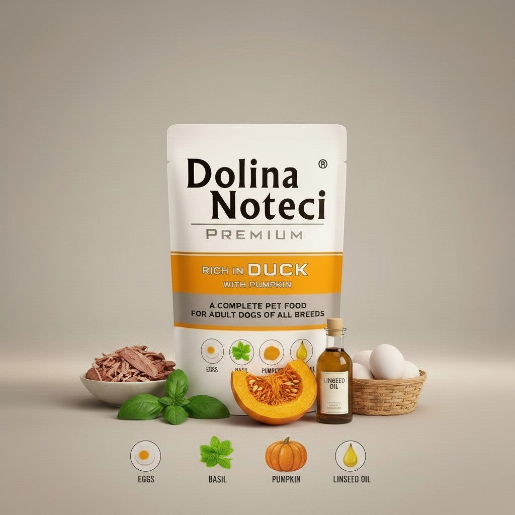 Lupiora Dolina Noteci Premium Nassfutter mit Ente, Kürbis, Basilikum und Leinöl im 500g Beutel für Hunde.