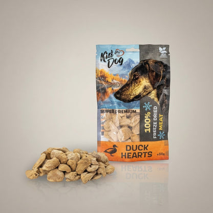 Lupiora Kiddog gefriergetrocknete Entenherzen als proteinreicher Hundesnack in einer wiederverschließbaren 50g-Packung