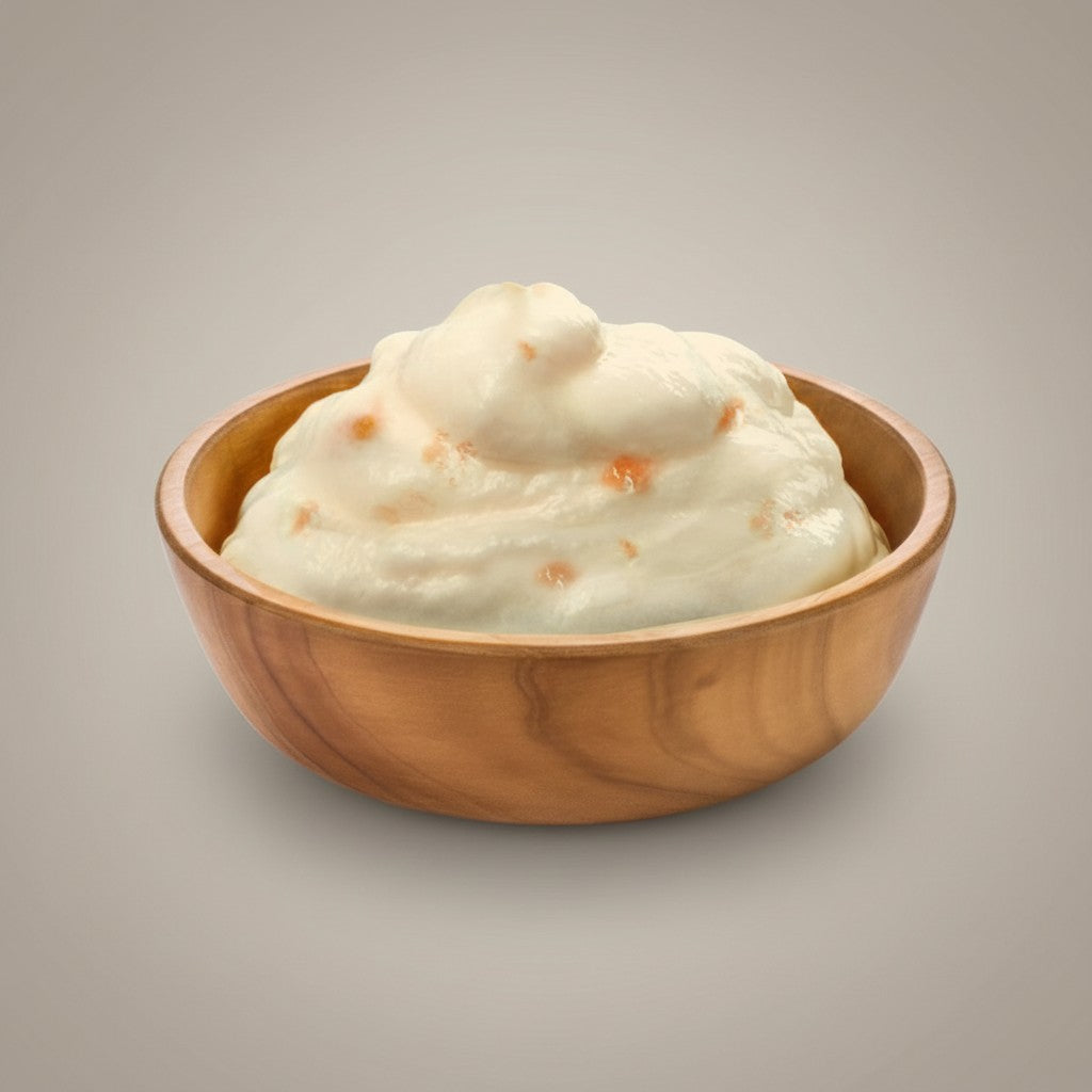 Lupiora Natural Greatness Hähnchen-Karottencreme in einer Holzschale, getreidefreier Katzensnack mit Taurin.