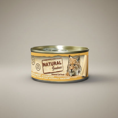 Lupiora Natural Greatness Hühnchenbrust Katzenfutter in der Dose mit Luchs-Motiv auf beigem Hintergrund