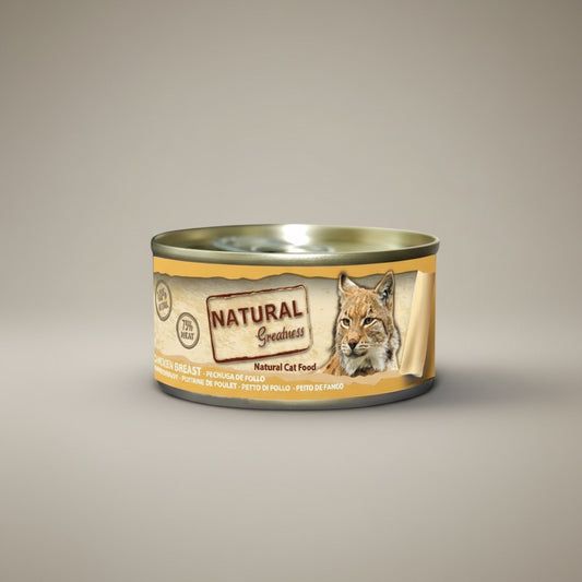 Lupiora Natural Greatness Hühnchenbrust Katzenfutter in der Dose mit Luchs-Motiv auf beigem Hintergrund