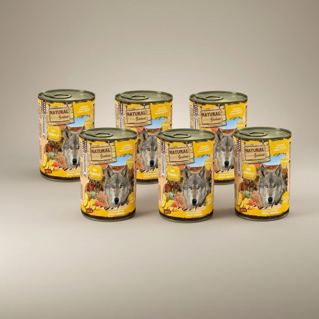 Lupiora Set aus 6 Dosen Natural Greatness Hundefutter mit Känguru, Ananas, Mango und Spirulina für Allergiker.