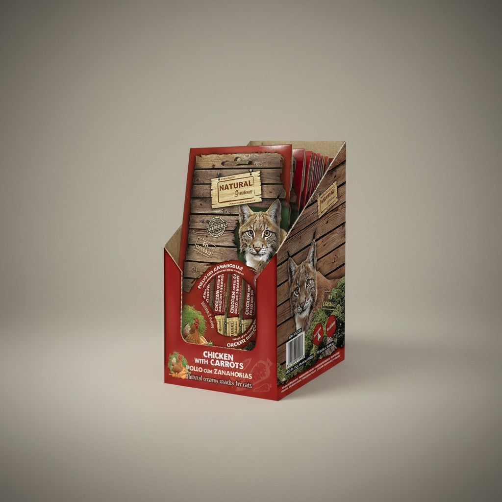 Lupiora Natural Greatness Hähnchen-Karottencreme Snack für Katzen zur Sehkraftunterstützung im Verkaufsdisplay
