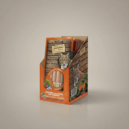 Lupiora Natural Greatness Katzen-Snack Huhn, Thunfisch und Hummercreme im Verkaufsdisplay, getreidefrei, 56g