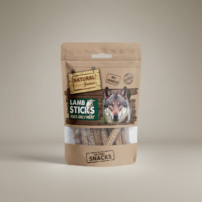 Lupiora NATURAL GREATNESS Lammsticks, getreidefreier Hundesnack aus 100% Lammfleisch in brauner Standbodenbeutel-Verpackung