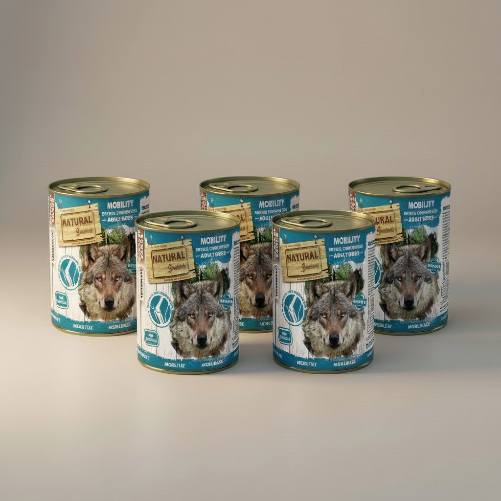 Lupiora Natural Greatness Mobility Nassfutter Set für Hunde zur Gelenkunterstützung in fünf Metalldosen