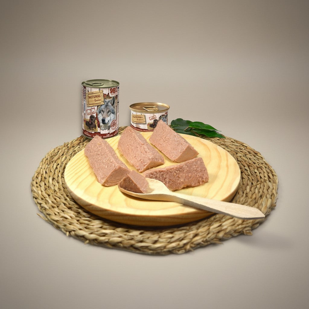 Lupiora Natural Greatness Truthahn Monoprotein Mousse für Hunde auf einem Holzbrett serviert.