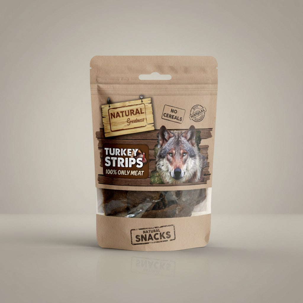 Lupiora Natural Greatness Truthahnstreifen, getreidefreier Hundesnack aus 100% Putenfleisch in brauner Standbeutel-Verpackung