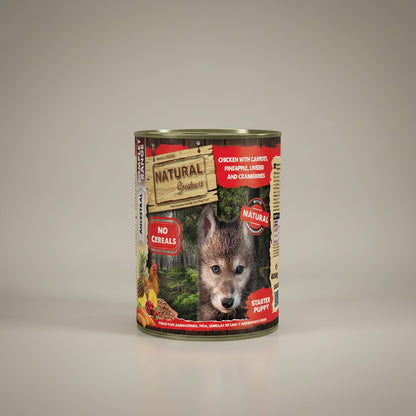 Lupiora Natural Greatness Welpenfutter Dose mit Huhn, Karotten, Ananas und Leinsamen für eine gesunde Entwicklung.