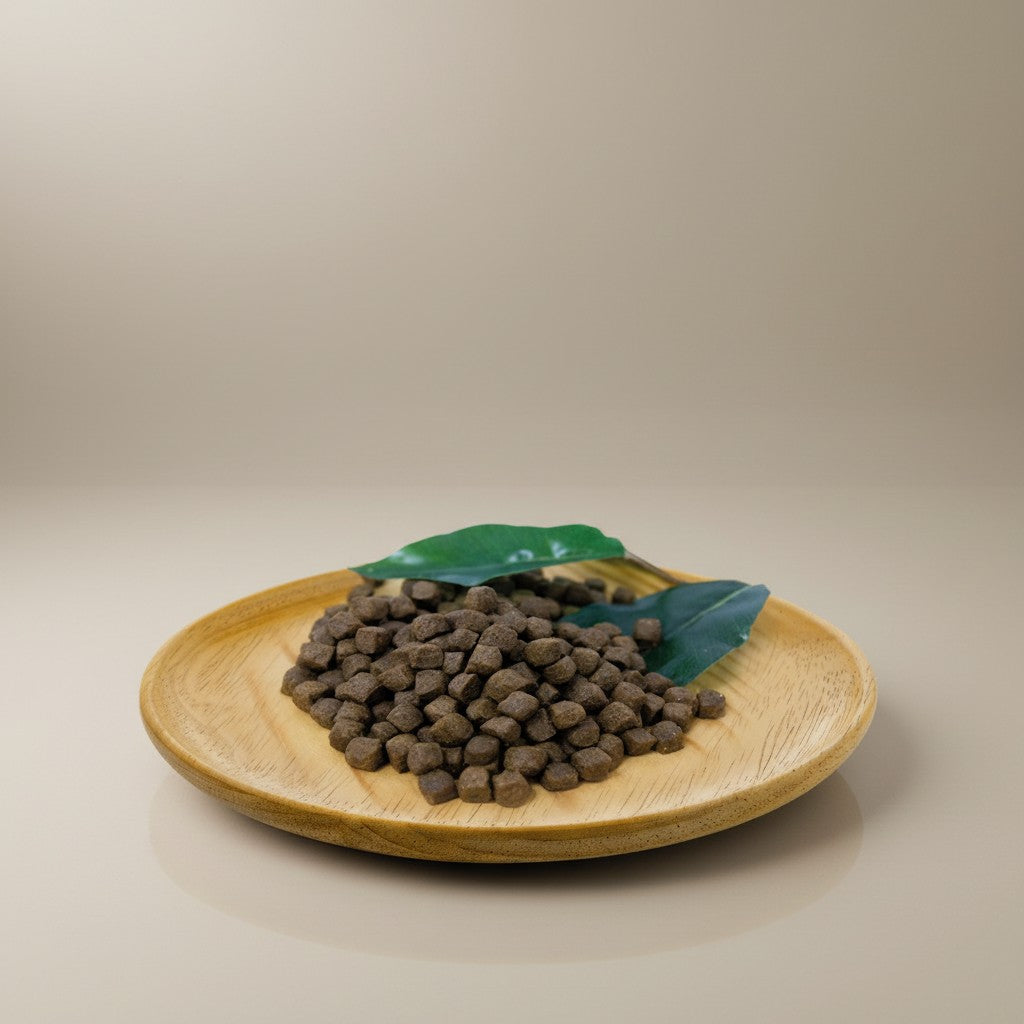 Lupiora Natural Greatness Welpenfutter mit Huhn auf einem Holzteller serviert für eine gesunde Ernährung.