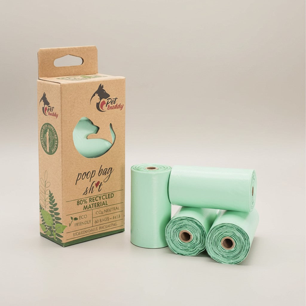 Lupiora Recycling-Hundekotbeutel in Grün, 4 Rollen aus 80% recyceltem Material in umweltfreundlicher Verpackung.