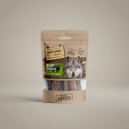 Lupiora NATURAL GREATNESS Rinderkehle Hundesnacks in brauner Standbodenbeutel-Verpackung, getreidefrei und natürlich.