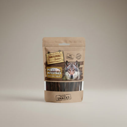 Lupiora NATURAL GREATNESS Schweinedarm Hundesnack in brauner Standbodenbeutel-Verpackung, getreidefrei und natürlich.