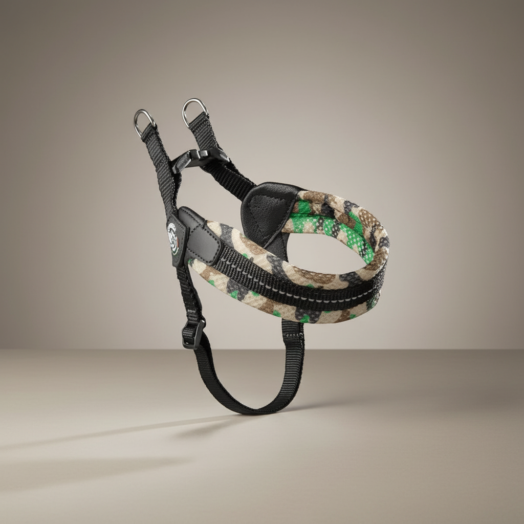 Lupiora Tre Ponti Easy Fit Hundegeschirr in Camouflage-Optik mit reflektierendem Netzgewebe und verstellbarem Riemen