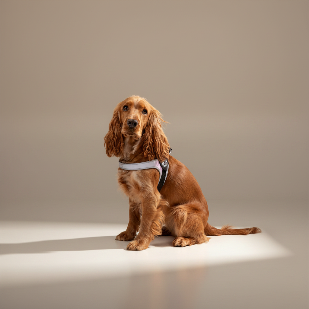 Lupiora Tre Ponti Easy Fit Hundegeschirr mit reflektierendem Rand an einem sitzenden goldenen Cocker Spaniel