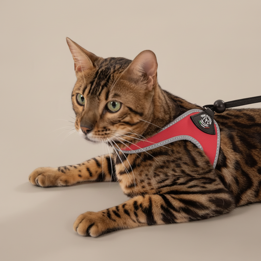 Lupiora TRE PONTI Easy Fit Geschirr in Rot mit reflektierendem Rand an einer Bengal Katze