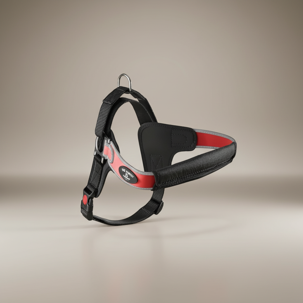 Lupiora Tre Ponti Forza Hundegeschirr in Rot und Schwarz mit reflektierendem Rand und ergonomischer Brustpolsterung