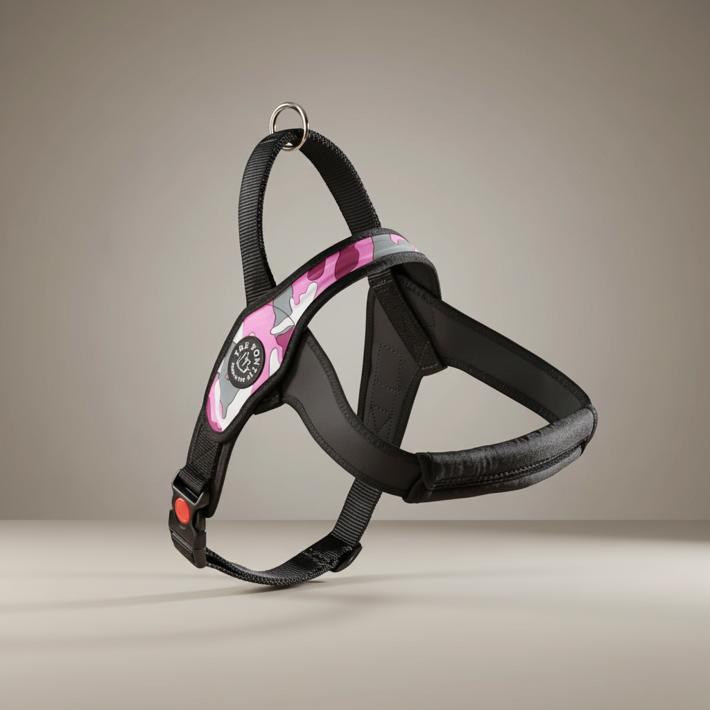 Lupiora Tre Ponti Primo Hundegeschirr in Camouflage-Optik mit pinken Akzenten, verstellbarem Riemen und Polsterung.